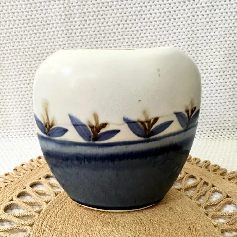 Signed Burslem 2006 Blue Cream Ceramic Glazed Slim Oval Floral Pottery Vase